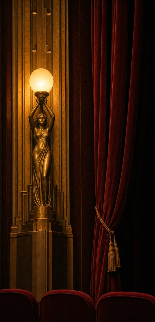 AI-generated image: theatre curtains and a lamp pillar